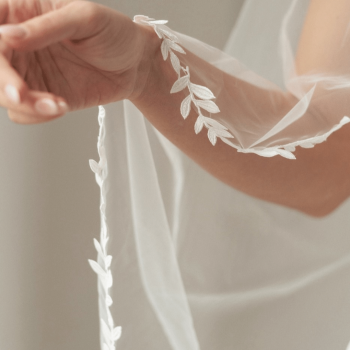 Ivory or off white soft tulle wedding veil trimmed with a leaf edge